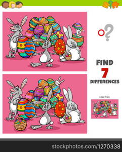 Cartoon Illustration of Finding Differences Between Pictures Educational Game for Children with Easter Bunny Characters