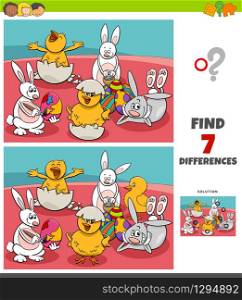 Cartoon Illustration of Finding Differences Between Pictures Educational Game for Children with Easter Holiday Characters