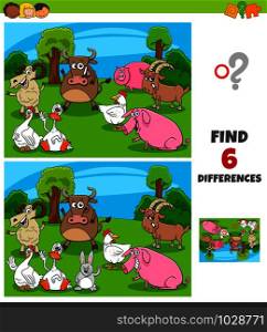 Cartoon Illustration of Finding Differences Between Pictures Educational Game for Children with Farm Animal Characters
