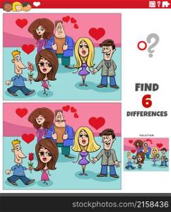 Cartoon illustration of finding differences between pictures educational game with couples in love on Valentines Day