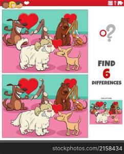 Cartoon illustration of finding differences between pictures educational game with dogs animal characters in love on Valentines Day