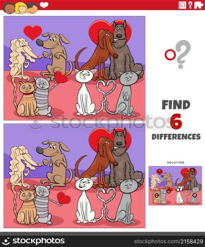 Cartoon illustration of finding differences between pictures educational game with funny pets in love on Valentines Day