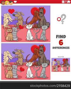 Cartoon illustration of finding differences between pictures educational game with funny pets in love on Valentines Day