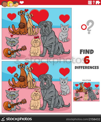 Cartoon illustration of finding differences between pictures educational game with pets in love on Valentines Day