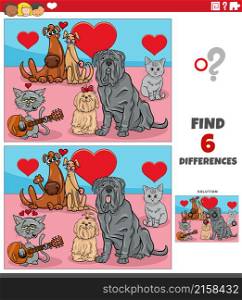 Cartoon illustration of finding differences between pictures educational game with pets in love on Valentines Day