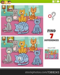 Cartoon Illustration of Finding Differences Between Pictures Educational Task for Children with Funny Cats Characters Group