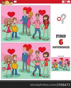 Cartoon illustration of finding differences between pictures educational task with couples in love on Valentines Day