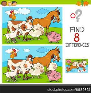 Cartoon Illustration of Finding Differences Between Two Pictures Educational Activity Game for Kids with Farm Animal Characters Group