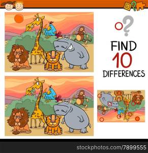 Cartoon Illustration of Finding Differences Educational Game for Preschool Children