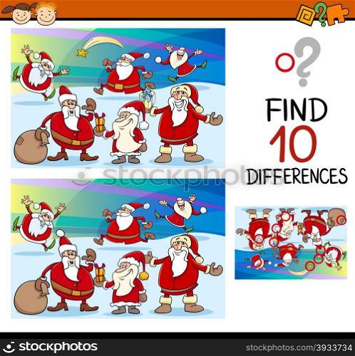 Cartoon Illustration of Finding Differences Educational Task for Preschool Children with Santa Claus