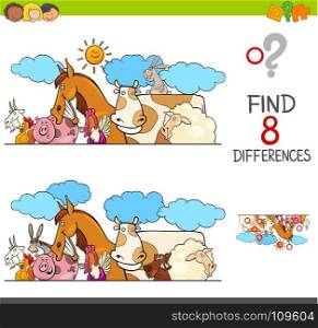 Cartoon Illustration of Finding Eight Differences Between Two Pictures Educational Activity Game for Kids with Farm Animal Characters Group