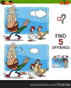 Cartoon Illustration of Finding Five Differences Between Pictures Educational Game for Children with Dont Put All your Eggs in One Basket Saying