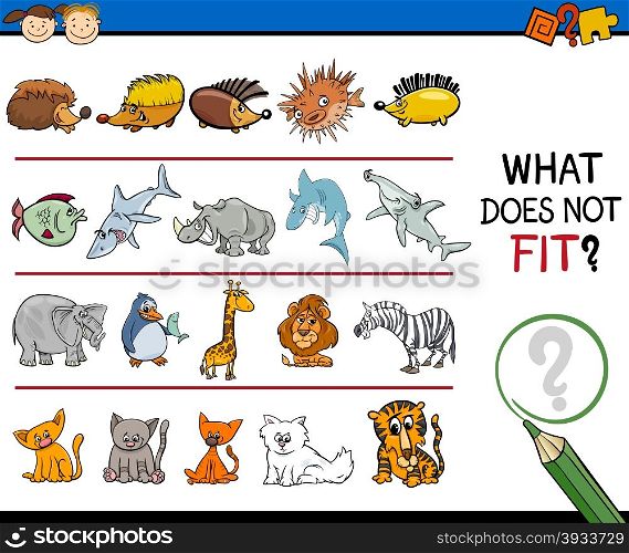 Cartoon Illustration of Finding Improper Item in the Row Educational Game for Preschool Children with Animal Characters