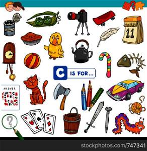 Cartoon Illustration of Finding Picture Starting with Letter C Educational Game Worksheet for Children