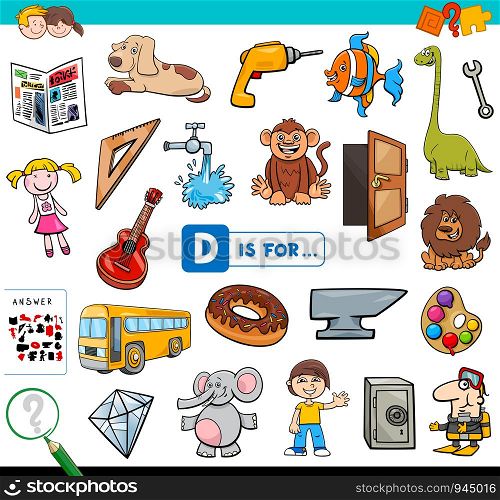 Cartoon Illustration of Finding Picture Starting with Letter D Educational Task Worksheet for Children