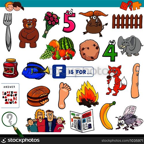 Cartoon Illustration of Finding Picture Starting with Letter F Educational Task Worksheet for Children