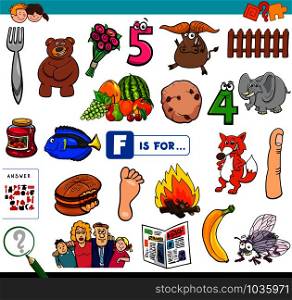 Cartoon Illustration of Finding Picture Starting with Letter F Educational Task Worksheet for Children