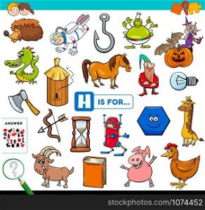 Cartoon Illustration of Finding Picture Starting with Letter H Educational Task Worksheet for Children