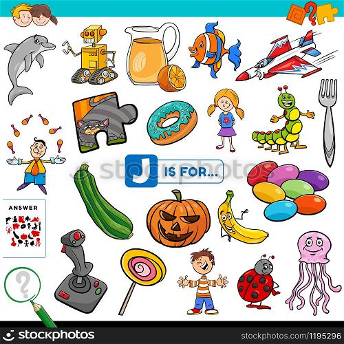 Cartoon Illustration of Finding Picture Starting with Letter J Educational Task Worksheet for Children with Objects and Characters