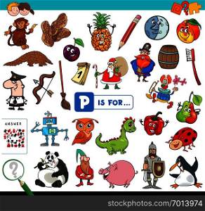 Cartoon Illustration of Finding Picture Starting with Letter P Educational Game Workbook for Children