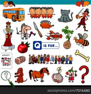 Cartoon Illustration of Finding Picture Starting with Letter Q Educational Game Workbook for Children