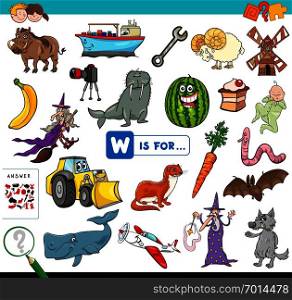 Cartoon Illustration of Finding Picture Starting with Letter W Educational Game Workbook for Children