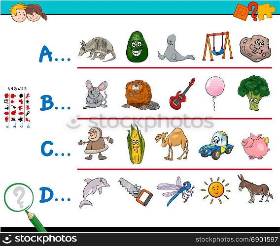 Cartoon Illustration of Finding Picture Starting with Referred Letter Educational Game Worksheet for Children with Objects and Animals