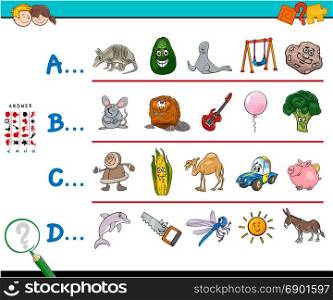 Cartoon Illustration of Finding Picture Starting with Referred Letter Educational Game Worksheet for Children with Objects and Animals