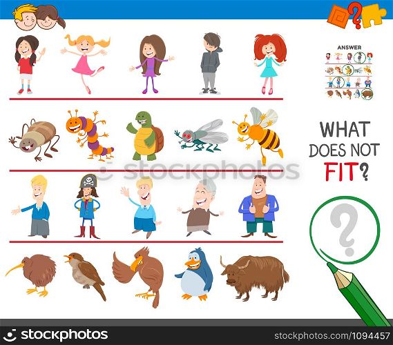 Cartoon Illustration of Finding Picture that does not Fit in a Row Educational Task for Elementary Age or Preschool Children
