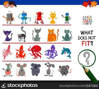 Cartoon Illustration of Finding Picture that does not Fit in a Row Educational Game for Elementary Age or Preschool Kids