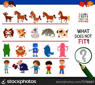 Cartoon Illustration of Finding Picture that does not Fit in a Row Educational Task for Elementary Age or Preschool Kids