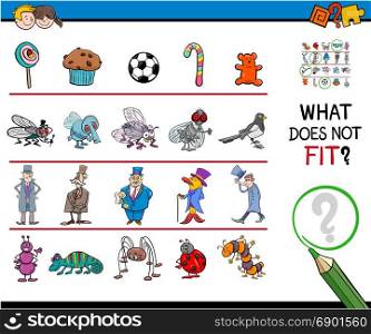 Cartoon Illustration of Finding Picture that does not Fit with the Rest in a Row Educational Activity with Comic Characters