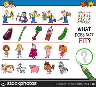 Cartoon Illustration of Finding Picture that does not Fit with the Rest in a Row Educational Game with People and Animal Characters