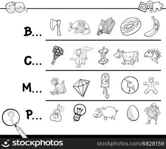 Cartoon Illustration of Finding Picture which Name Starts with Referred Letter Educational Activity for Children Coloring Page