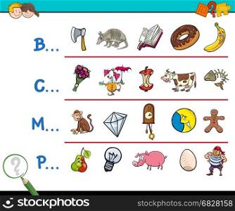 Cartoon Illustration of Finding Picture which Name Starts with Referred Letter Educational Activity for Children