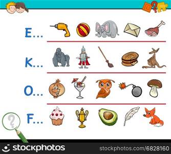 Cartoon Illustration of Finding Picture which Name Starts with Referred Letter Educational Activity for Kids