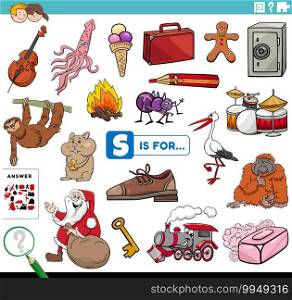 Cartoon illustration of finding pictures starting with letter S educational task worksheet for children with objects and comic characters