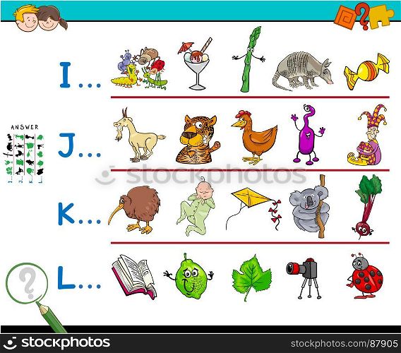 Cartoon Illustration of Finding Pictures Starting with Referred Letter Educational Activity Game Workbook for Children
