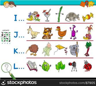 Cartoon Illustration of Finding Pictures Starting with Referred Letter Educational Activity Game Workbook for Children