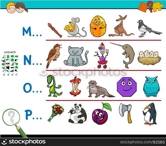 Cartoon Illustration of Finding Pictures Starting with Referred Letter Educational Game for Kids
