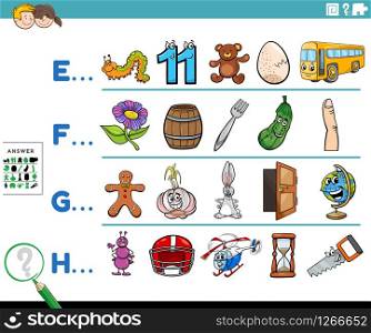 Cartoon Illustration of Finding Pictures Starting with Referred Letter Educational Game Worksheet for Preschool or Elementary School Kids