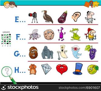 Cartoon Illustration of Finding Pictures Starting with Referred Letter Educational Game Worksheet for Preschool or School Kids