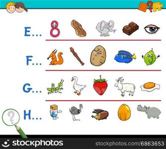 Cartoon Illustration of Finding Pictures Starting with Referred Letter Educational Game Worksheet for Children