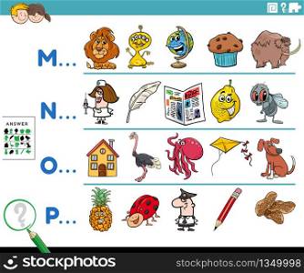Cartoon Illustration of Finding Pictures Starting with Referred Letter Educational Task Worksheet for Preschool or Elementary School Kids With Funny Characters