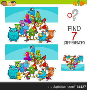 Cartoon Illustration of Finding Seven Differences Between Pictures Educational Activity Game for Kids with Birds Animal Characters Group