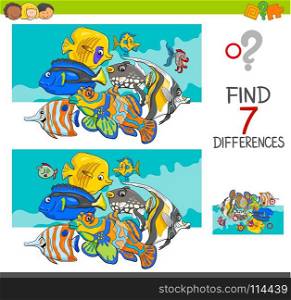 Cartoon Illustration of Finding Seven Differences Between Pictures Educational Activity Game for Kids with Fish Animal Characters Group