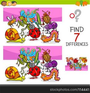 Cartoon Illustration of Finding Seven Differences Between Pictures Educational Activity Game for Kids with Insects Animal Characters Group