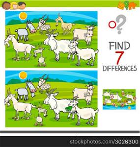 Cartoon Illustration of Finding Seven Differences Between Pictures Educational Activity Game for Children with Goats Farm Animal Characters Group