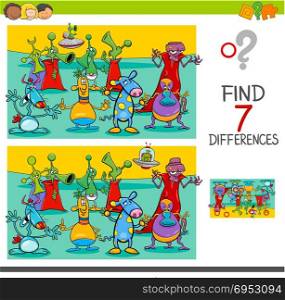 Cartoon Illustration of Finding Seven Differences Between Pictures Educational Activity Game for Children with Aliens Fantasy Characters Group