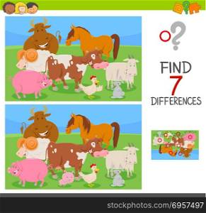 Cartoon Illustration of Finding Seven Differences Between Pictures Educational Activity Game for Kids with Farm Animal Characters. find differences game with farm animals